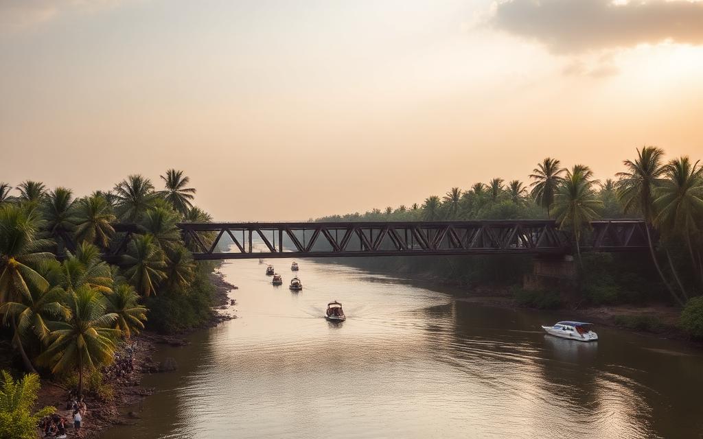 Kaluwamodara bridge area near Moragalla Sri Lanka iron railway bridge over Bentota River with palm trees on both banks and small river boats in warm afternoon light
