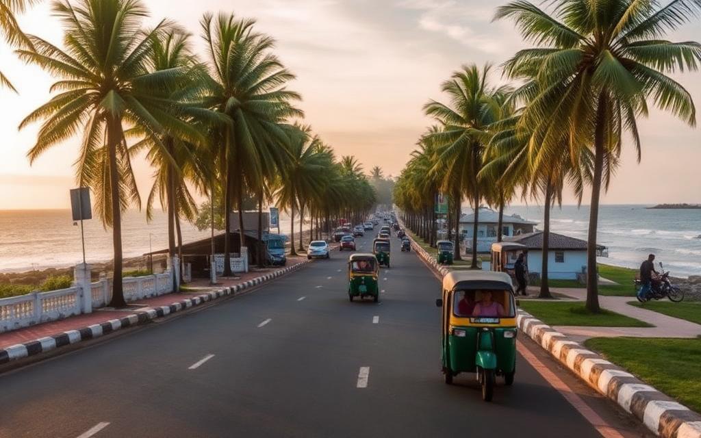 Sri Lanka west coast Galle Road near Moragalla with palm-lined coastal road, tuk-tuks, small local hotels and a glimpse of the Indian Ocean in warm afternoon light