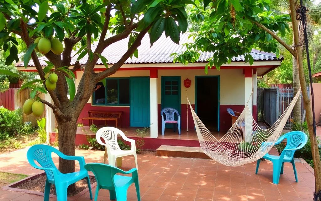 Family-run guesthouse in Moragalla Sri Lanka small painted bungalow with leafy garden, mango tree, plastic chairs and hammock in casual local west coast atmosphere