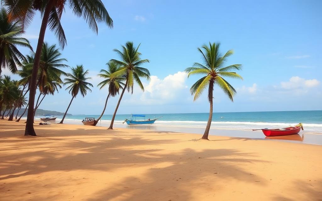 Quiet local coastal beach area at Payagala Maggona Sri Lanka with empty golden sand, palm trees, small fishing boats and undeveloped local west coast scenery