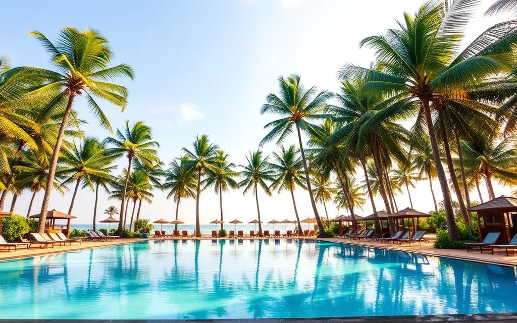 Beach resort with palm trees and large pool on the Moragalla and Beruwala coast Sri Lanka