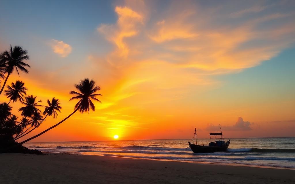 Moragalla Beach reference Sri Lanka with sunset over palm trees, golden sand and a fishing catamaran on the shore