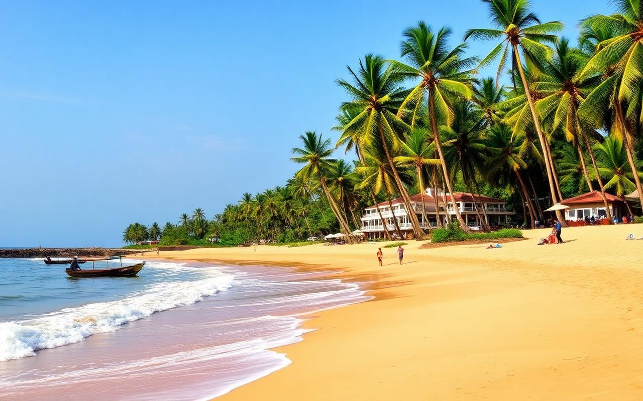 Mount Lavinia Beach Sri Lanka long golden sandy beach near Colombo with tall coconut palms, calm Indian Ocean, small fishing boats and beachfront hotels behind the palms on a sunny afternoon