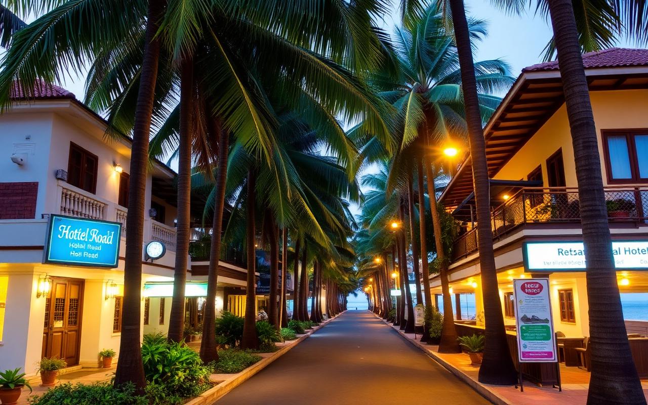 Mount Lavinia Beach Road and Hotel Road Sri Lanka palm-lined lane with small boutique beach hotels, beach restaurants with outdoor terraces, walkable street leading down to the beach in warm evening light