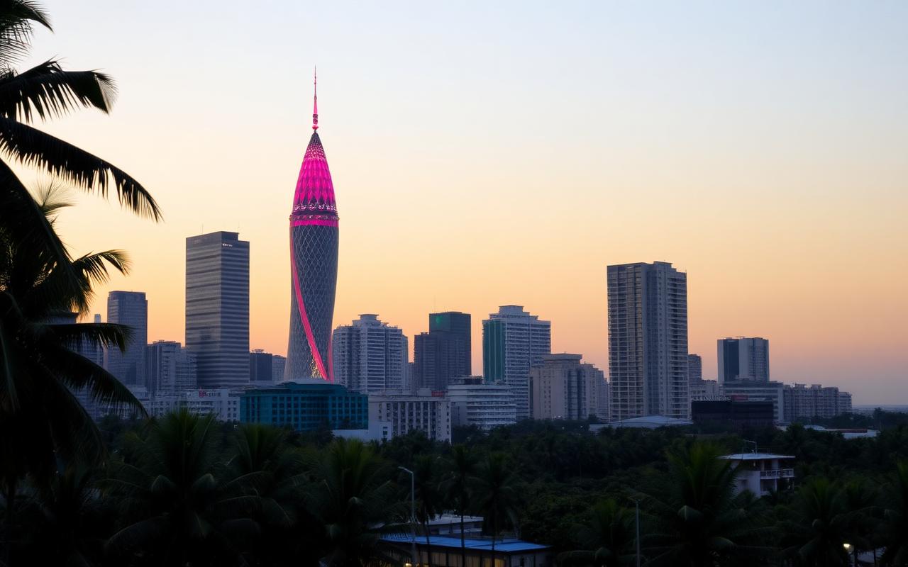 Colombo Sri Lanka city skyline with the illuminated Lotus Tower, modern high-rise buildings, palm trees and tropical urban atmosphere at dusk