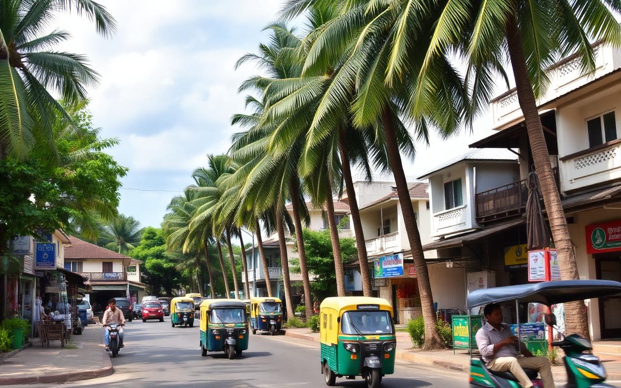 Dehiwala Sri Lanka suburban Colombo street near Mount Lavinia with palm trees, small local shops, residential buildings and tuk-tuks in a busy practical urban atmosphere