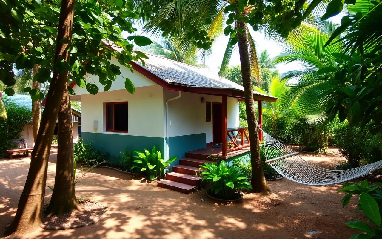Family-run guesthouse near Mount Lavinia Sri Lanka with a small painted bungalow, leafy garden, mango tree, palm trees and a hammock in casual local Colombo-side coastal atmosphere