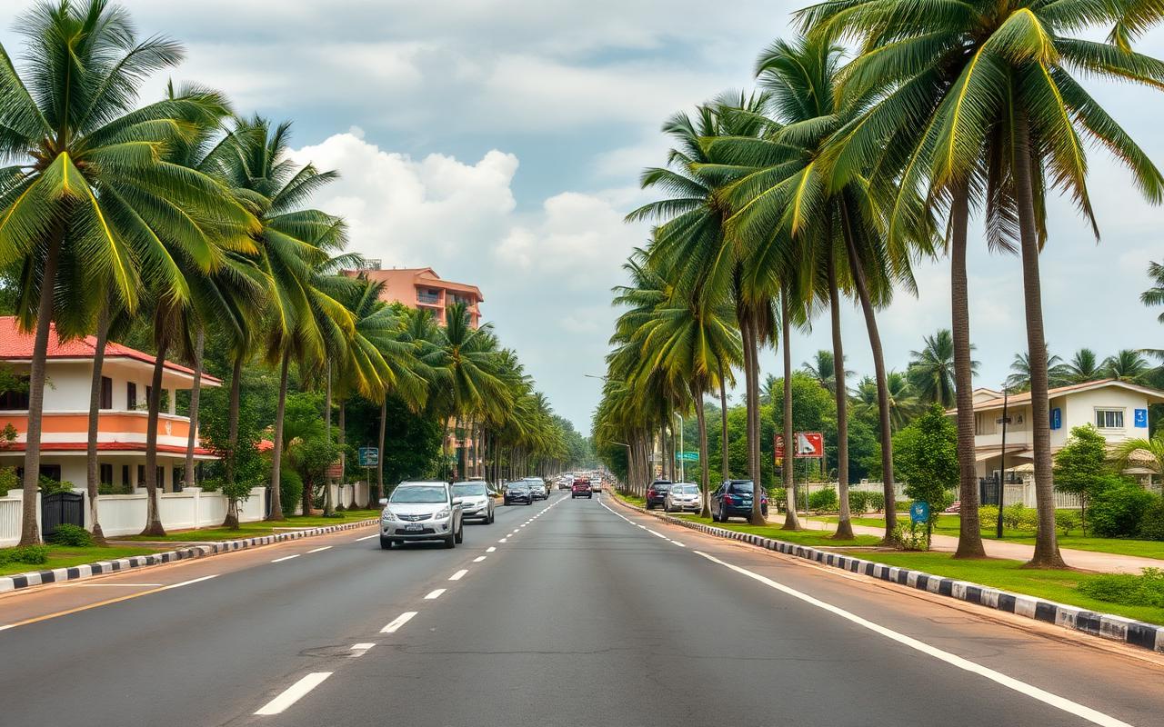 Ratmalana Sri Lanka practical suburban road south of Mount Lavinia with palm trees, modest hotels and apartment blocks, light daytime traffic and a relaxed west coast suburb atmosphere