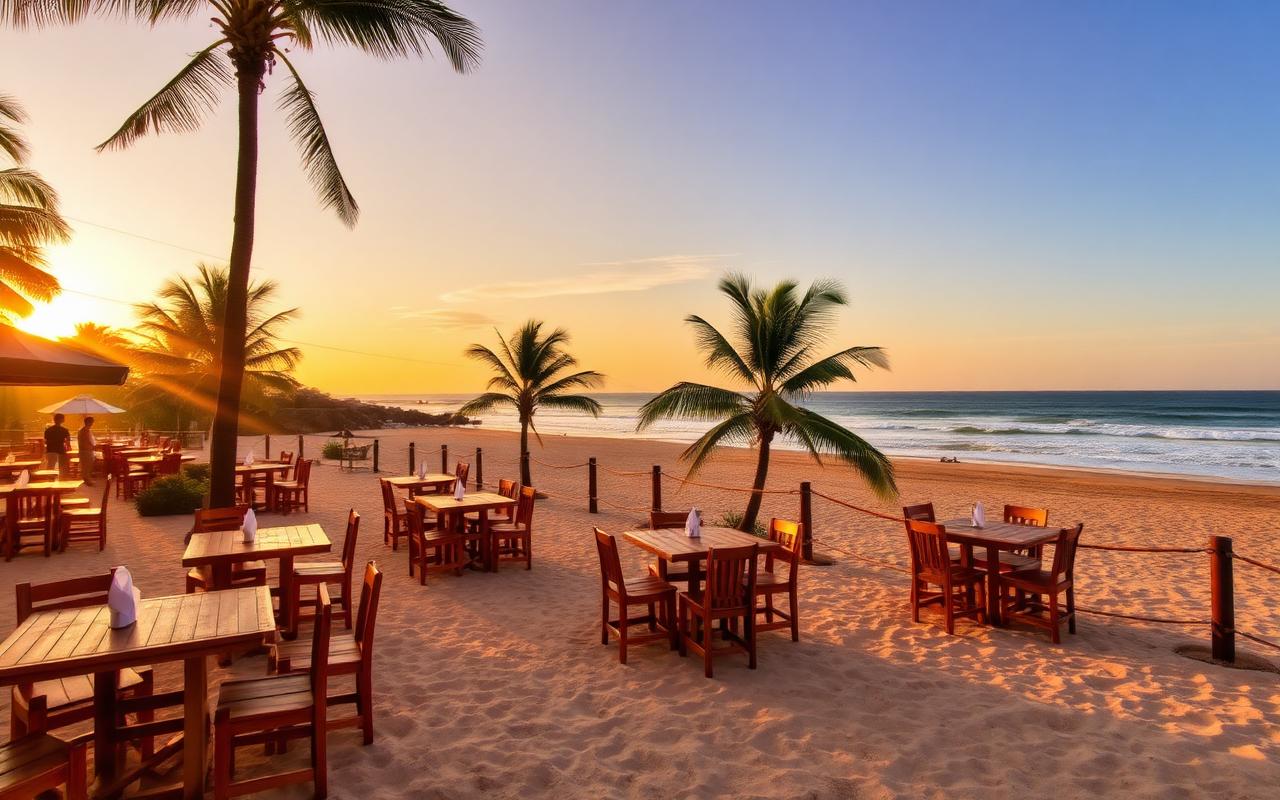 Mount Lavinia Sri Lanka beachfront seafood restaurant terrace at golden hour with wooden tables and chairs on golden sand, palm trees, the Indian Ocean and gentle waves in the background