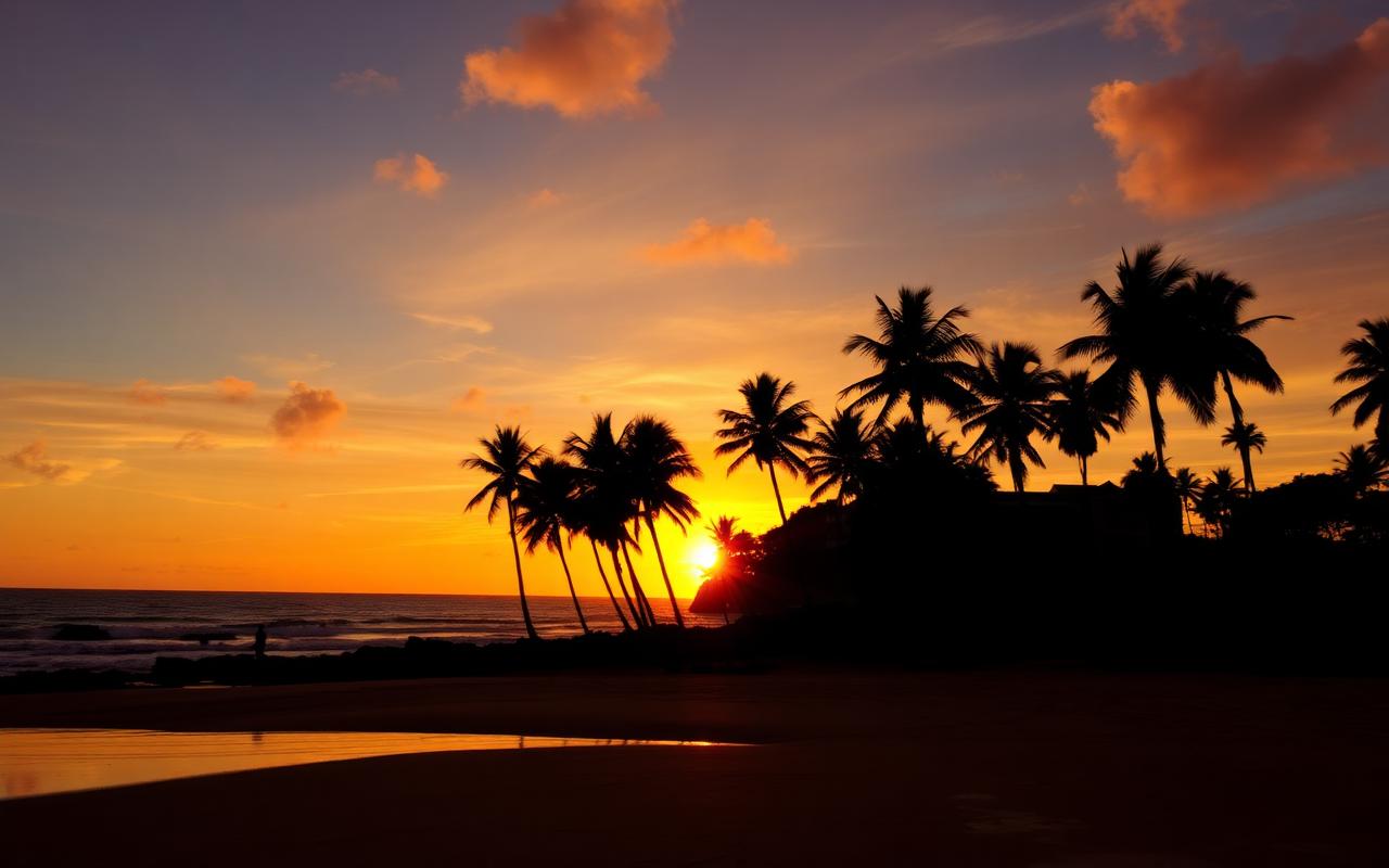 Mount Lavinia Sri Lanka dramatic sunset over the Indian Ocean with silhouetted coconut palms, golden orange sky and the historic Mount Lavinia hotel cliff in silhouette on the headland