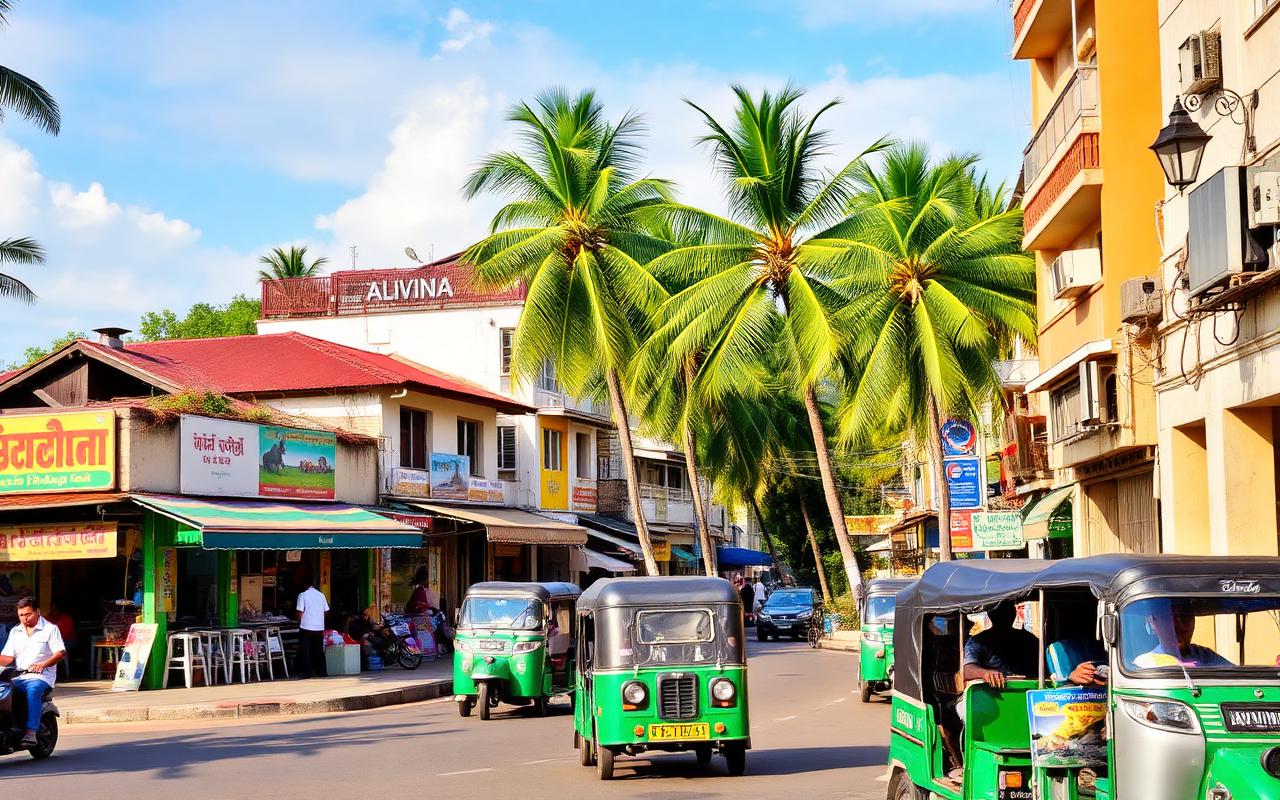 Mount Lavinia town Sri Lanka local Colombo-suburb street with colorful shops, tuk-tuks, palm trees, low buildings and warm afternoon light showing practical residential atmosphere