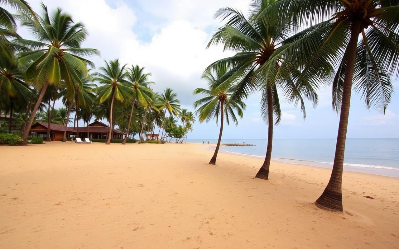 Wadduwa Panadura Sri Lanka quieter west coast beach south of Mount Lavinia with golden sand, tall coconut palms, calm Indian Ocean and a low-rise resort behind palm trees