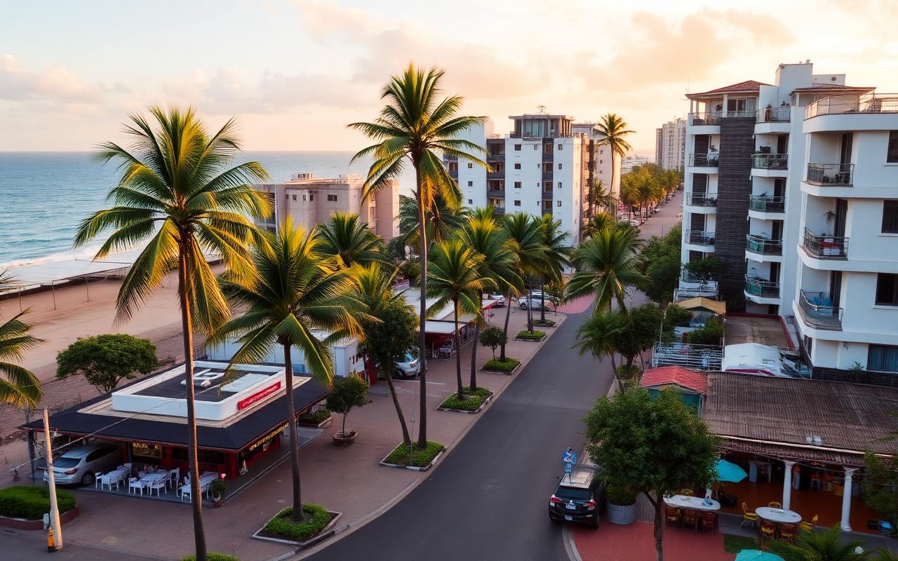 Wellawatte Colombo South Sri Lanka coastal suburb north of Mount Lavinia with palm-lined road, mid-rise residential buildings, small restaurants and a glimpse of the Indian Ocean at sunset