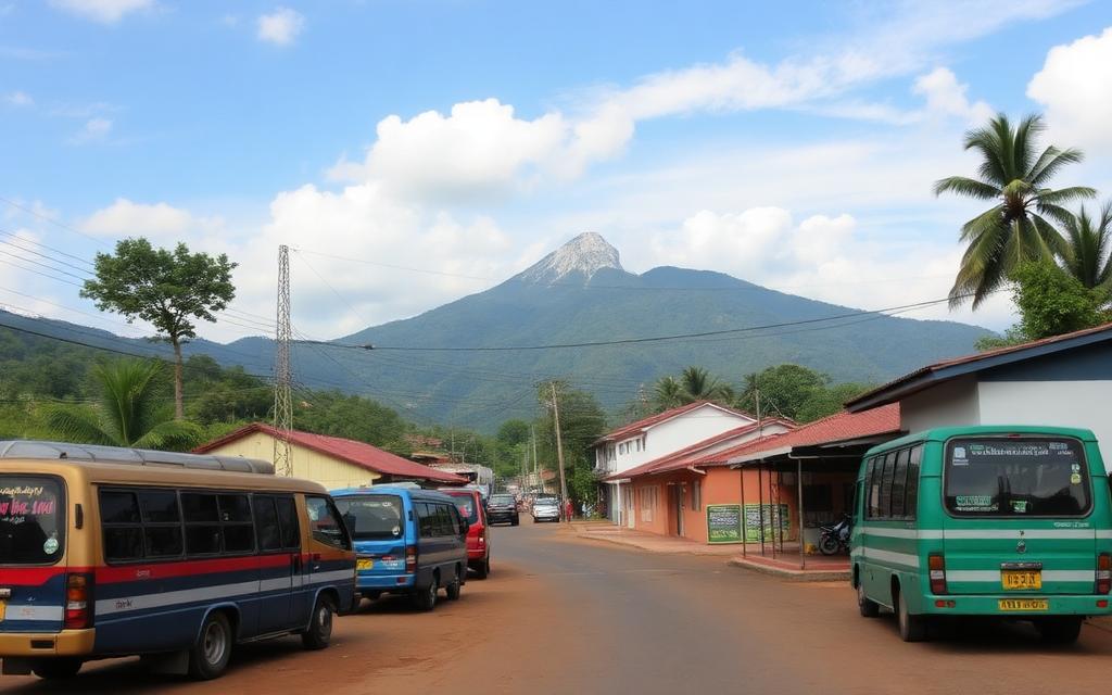 Nallathanniya bus stand and main road Sri Lanka with local buses, simple buildings and Adam's Peak slopes behind