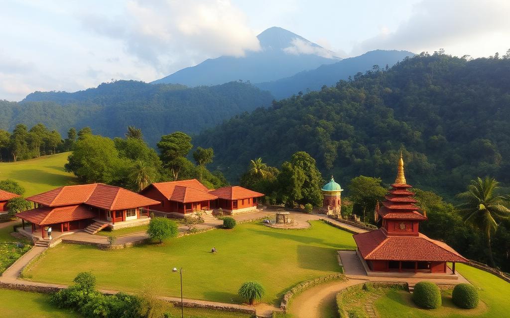 Dalhousie Nallathanniya base area Sri Lanka with cluster of guesthouses, small temple, hill country forest and Adam's Peak in background