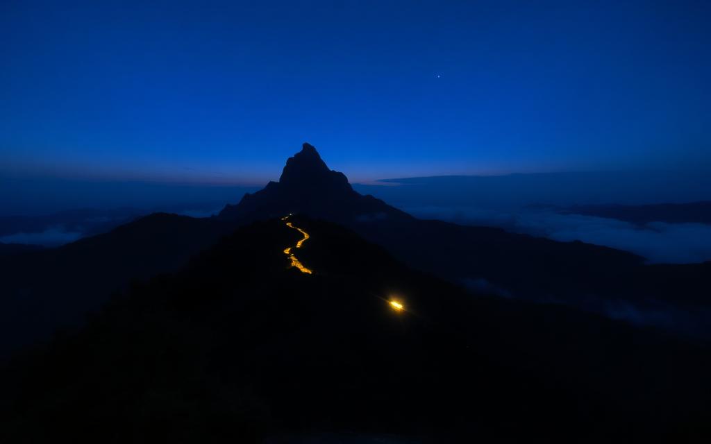 Early start atmosphere at base of Adam's Peak Nallathanniya Sri Lanka with lit pilgrimage path, mountain silhouette and pre-dawn calm