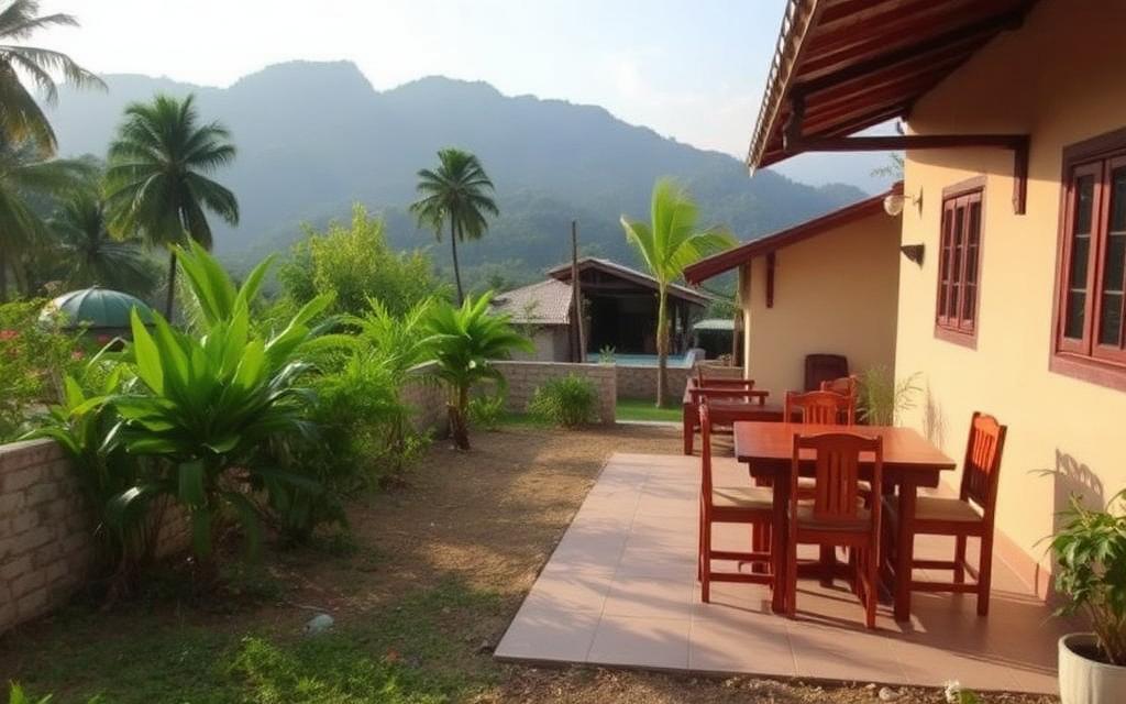 Family friendly guesthouse in Nallathanniya Sri Lanka with garden, simple dining area and mountain backdrop