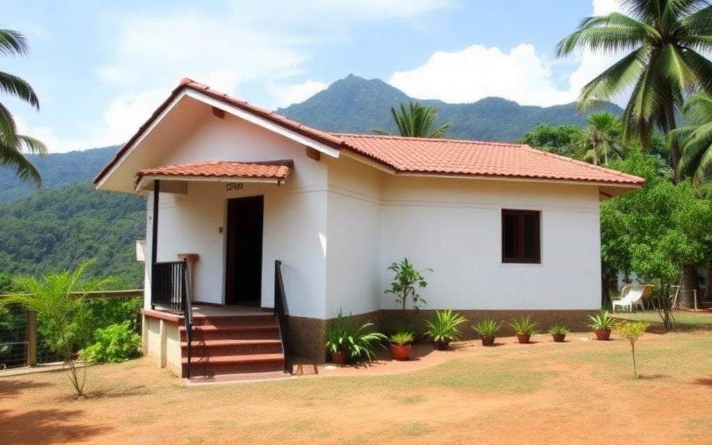 Simple white painted guesthouse in Nallathanniya Sri Lanka with veranda, garden and mountain backdrop near Adam's Peak