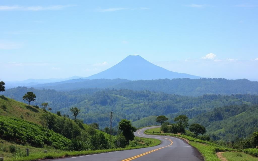 Hatton to Nallathanniya hill country road Sri Lanka winding through tea plantations and forest with Adam's Peak in distance