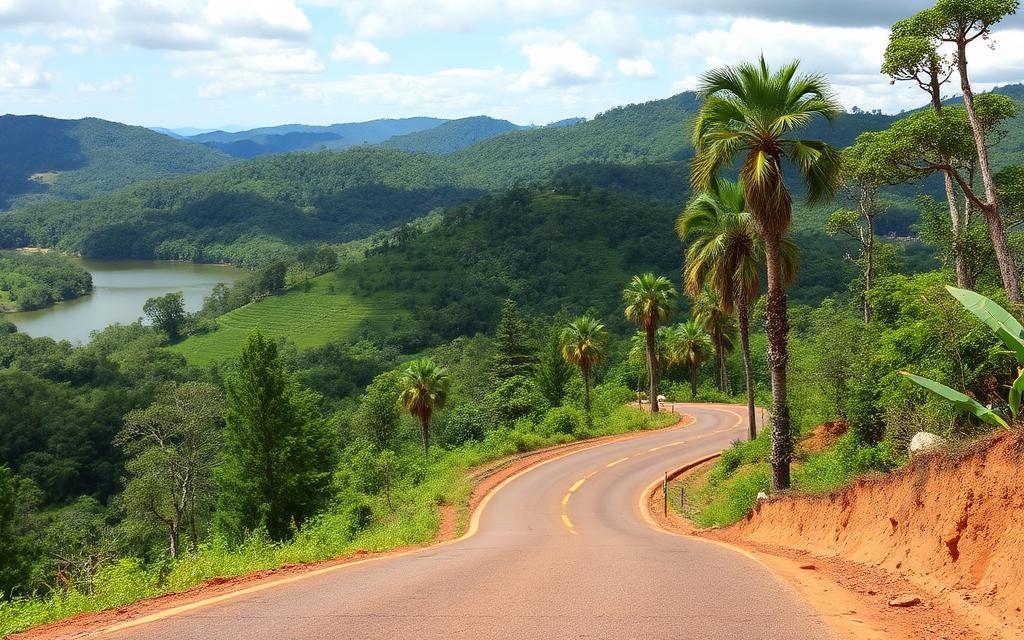 Maskeliya area road near Nallathanniya Sri Lanka with Maussakelle reservoir, tea hills and quieter mountain road