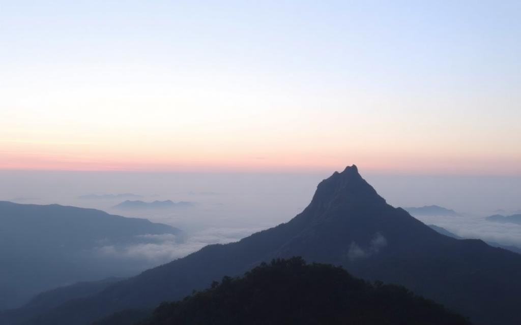 Adam's Peak Sri Pada mountain silhouette at dawn from Nallathanniya Sri Lanka with conical peak and mist in valleys