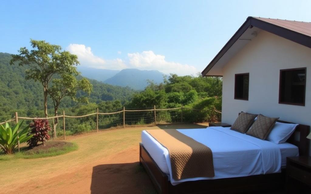 Quiet route side small lodge near Nallathanniya Sri Lanka with mountain views, simple rooms and gardens