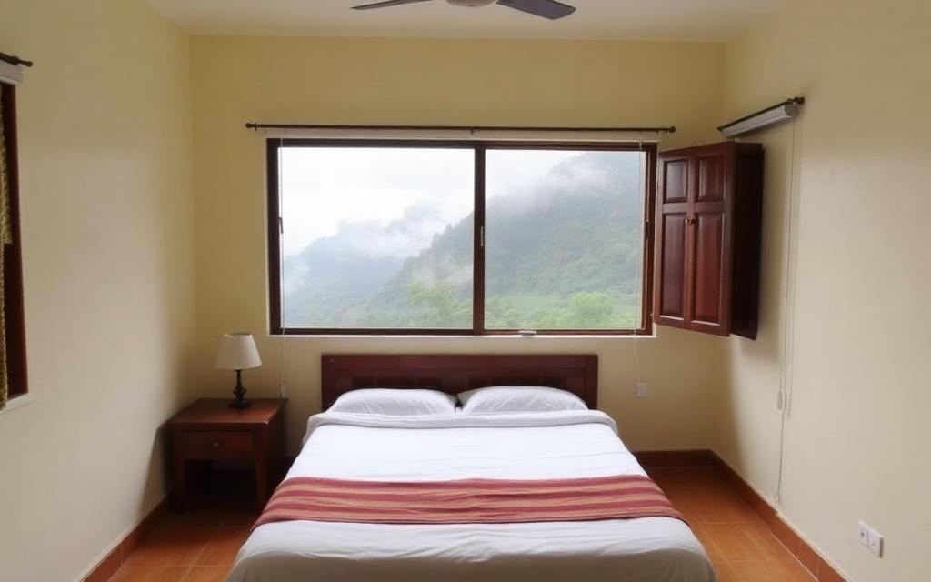 Simple cozy hotel room reference in Nallathanniya Sri Lanka with bed and window opening to misty mountain view