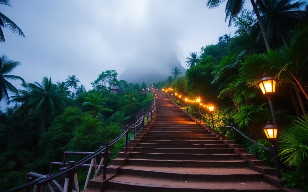 Adam's Peak Sri Pada trailhead near Nallathanniya Sri Lanka with stone steps, lit pilgrimage path and tropical mountain forest