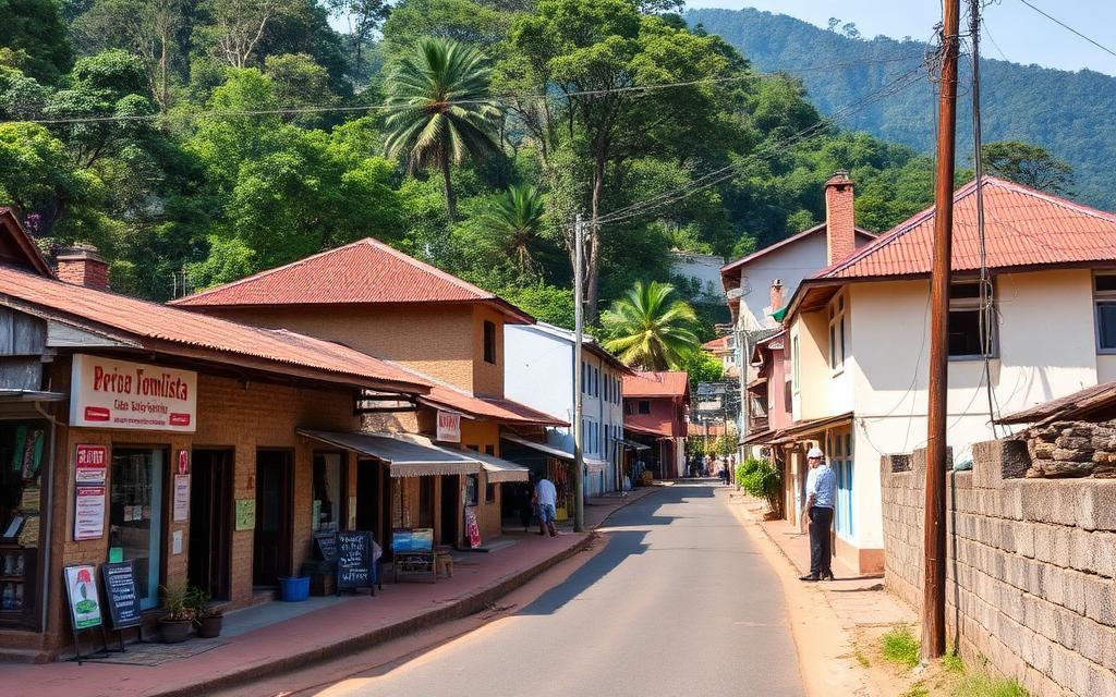 Nallathanniya village centre Sri Lanka with small shops, simple guesthouses, narrow road and hill country mountains behind