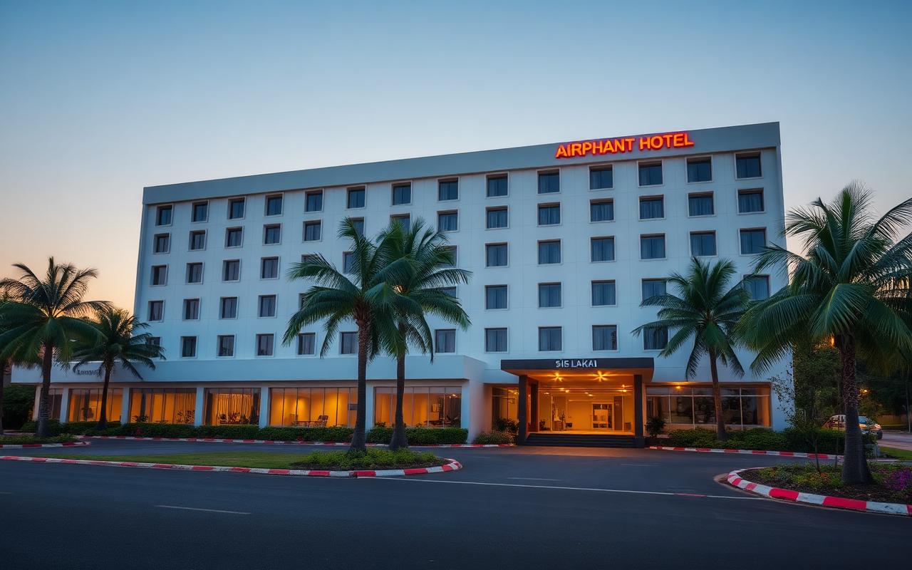Modern airport-area hotel near Bandaranaike International Airport at dusk, framed by palm trees and a clean driveway