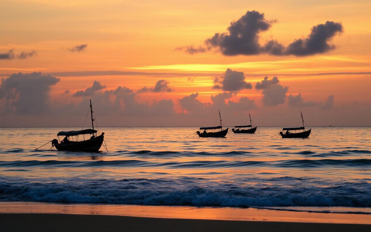 Traditional Sri Lankan fishing outrigger boats on Negombo beach at sunset, near family beach hotels