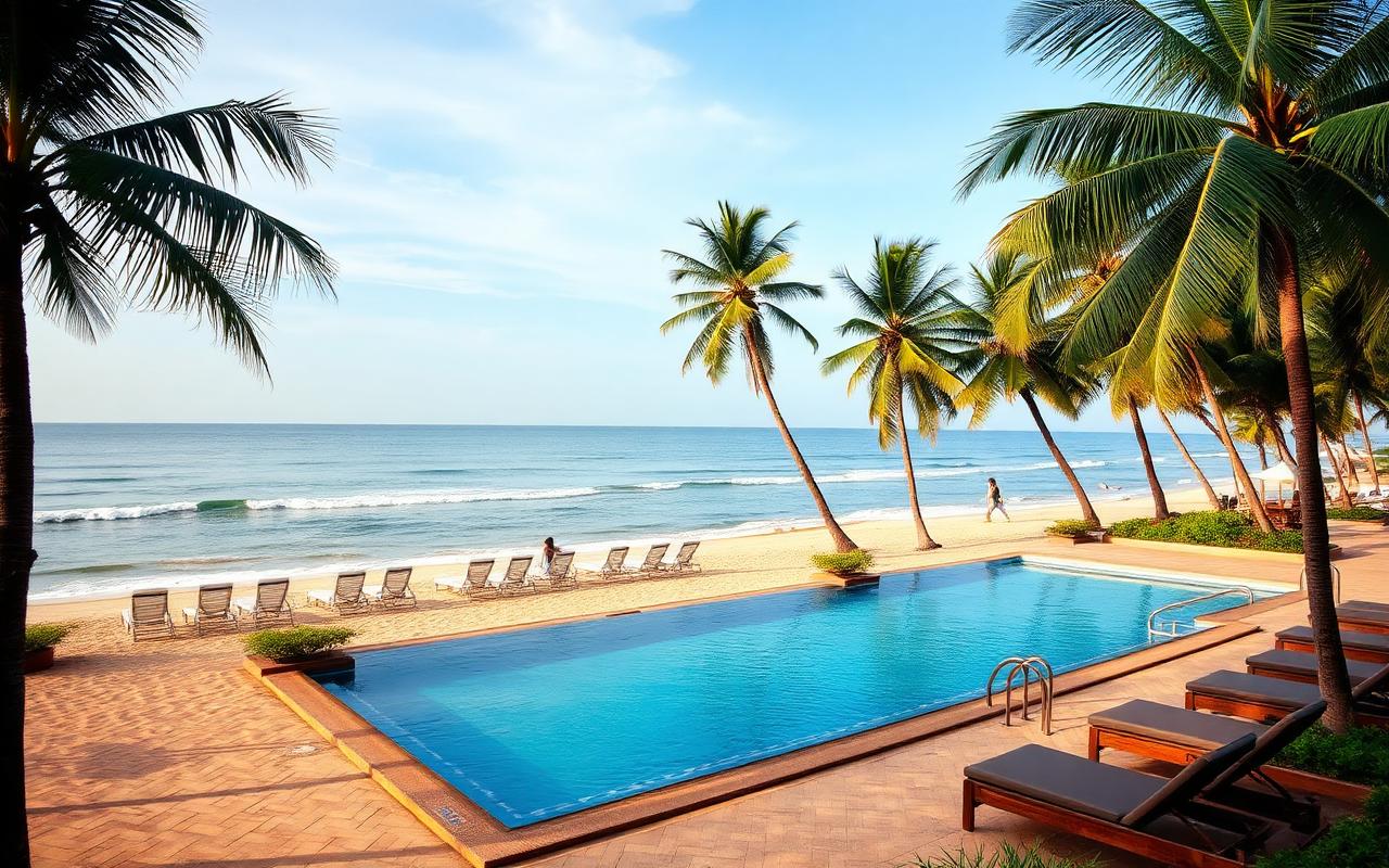 Ethukala beach area in Negombo — calm beach with resort pool overlooking the sea and palm trees