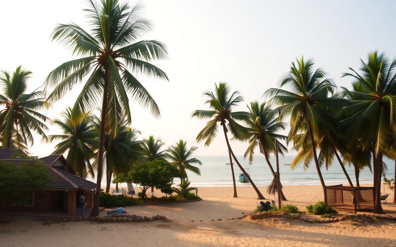Kochchikade coastal village in Sri Lanka — quiet local beach with palm trees and a small fishing boat in the distance