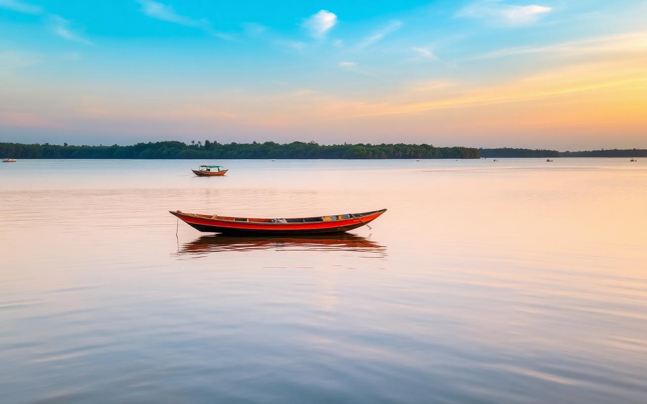 Negombo Lagoon at sunrise with a single fishing boat on calm water and a tree-lined far shore