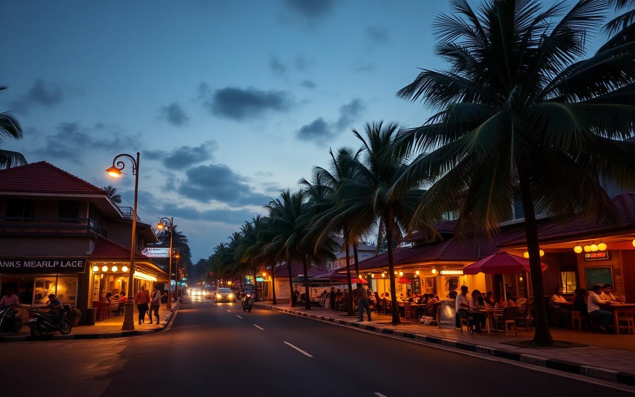 Lewis Place Negombo at dusk — beach road tourist area with palm trees, casual restaurants and warm street lighting