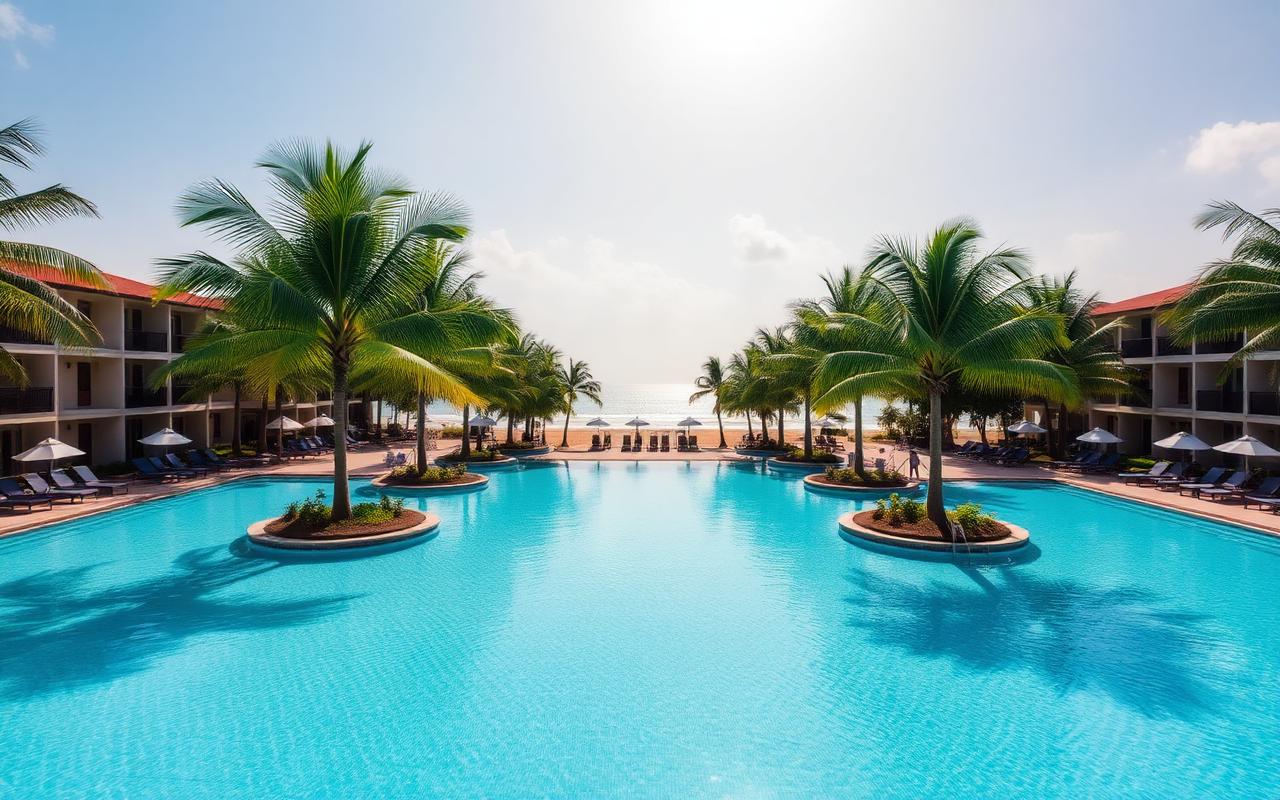 Large Negombo beach resort pool with palm trees and the ocean in the background