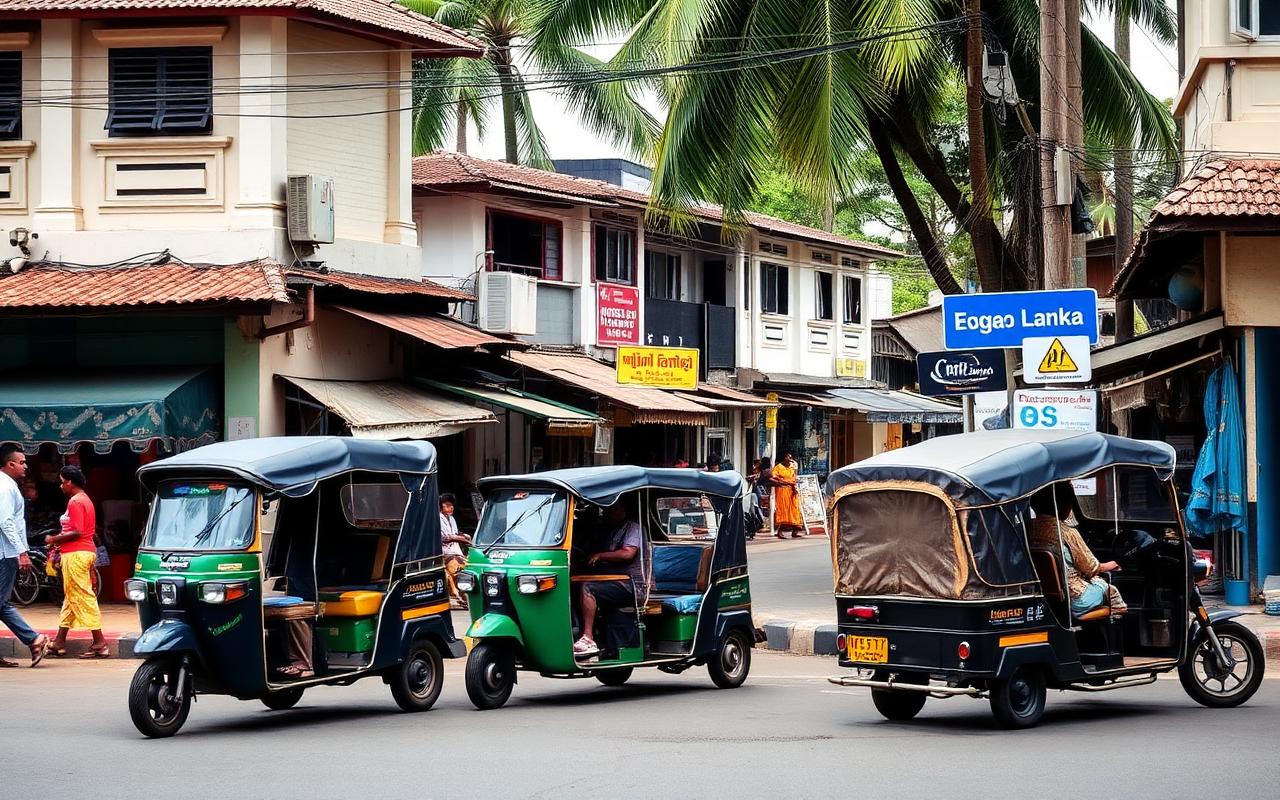 Negombo town centre street with green tuk-tuks, palm trees and small local shops