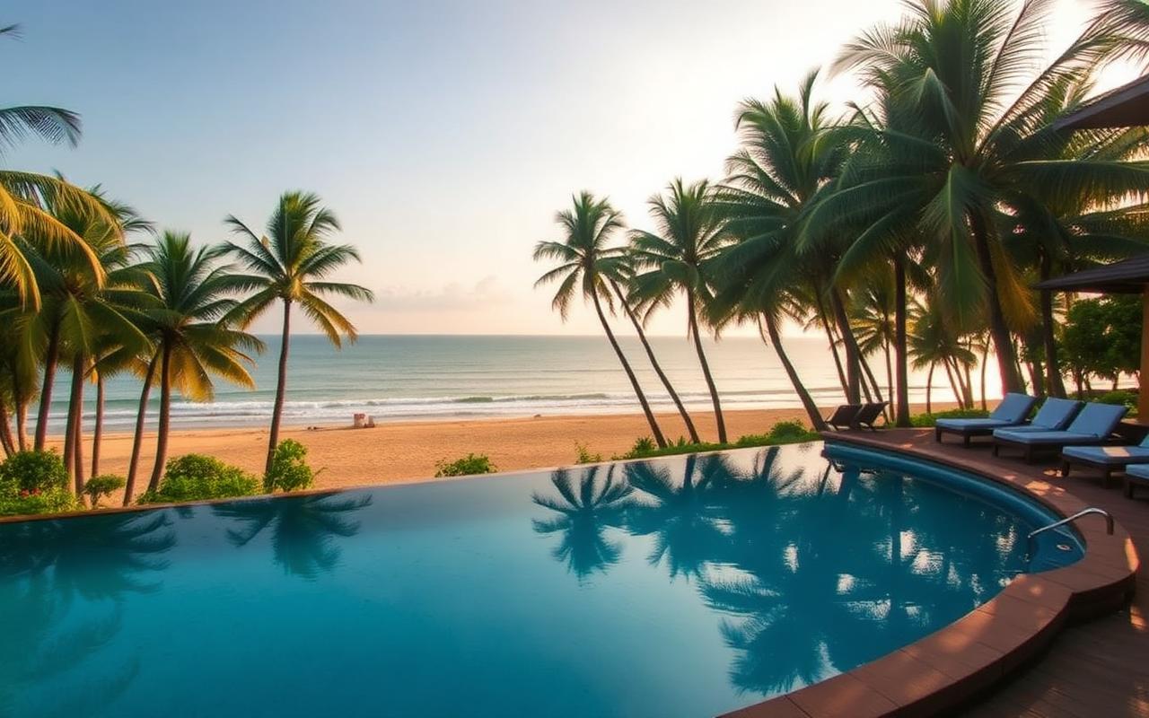 Quiet coastal resort in Waikkal Sri Lanka — infinity pool overlooking palm-lined beach and ocean at golden hour