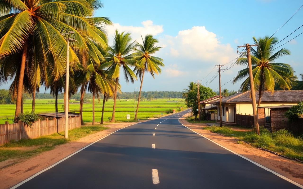 Bandaragama inland west coast Sri Lanka practical road-access area east of Panadura with palm trees, paddy fields, a quiet local road and modest buildings in warm daylight