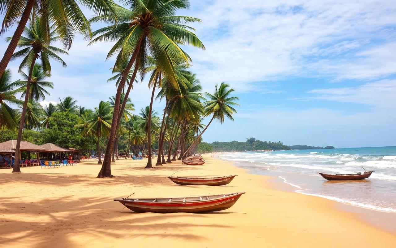 Panadura Beach Sri Lanka long quiet golden west coast sandy beach with tall coconut palms, calm Indian Ocean and small wooden fishing boats on the sand on a sunny day