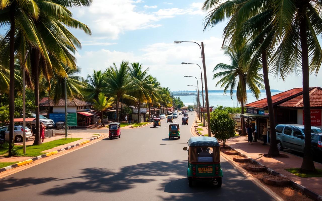 Panadura Sri Lanka coastal Galle Road south of Colombo with palm-lined road, tuk-tuks, small local hotels, low-rise shops and a glimpse of the Indian Ocean in warm afternoon light