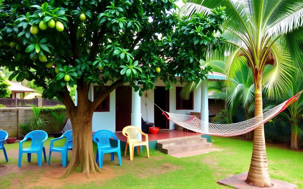 Family-run guesthouse near Panadura Sri Lanka with a small painted bungalow, leafy garden, mango tree, plastic chairs and a hammock in a casual local west coast atmosphere