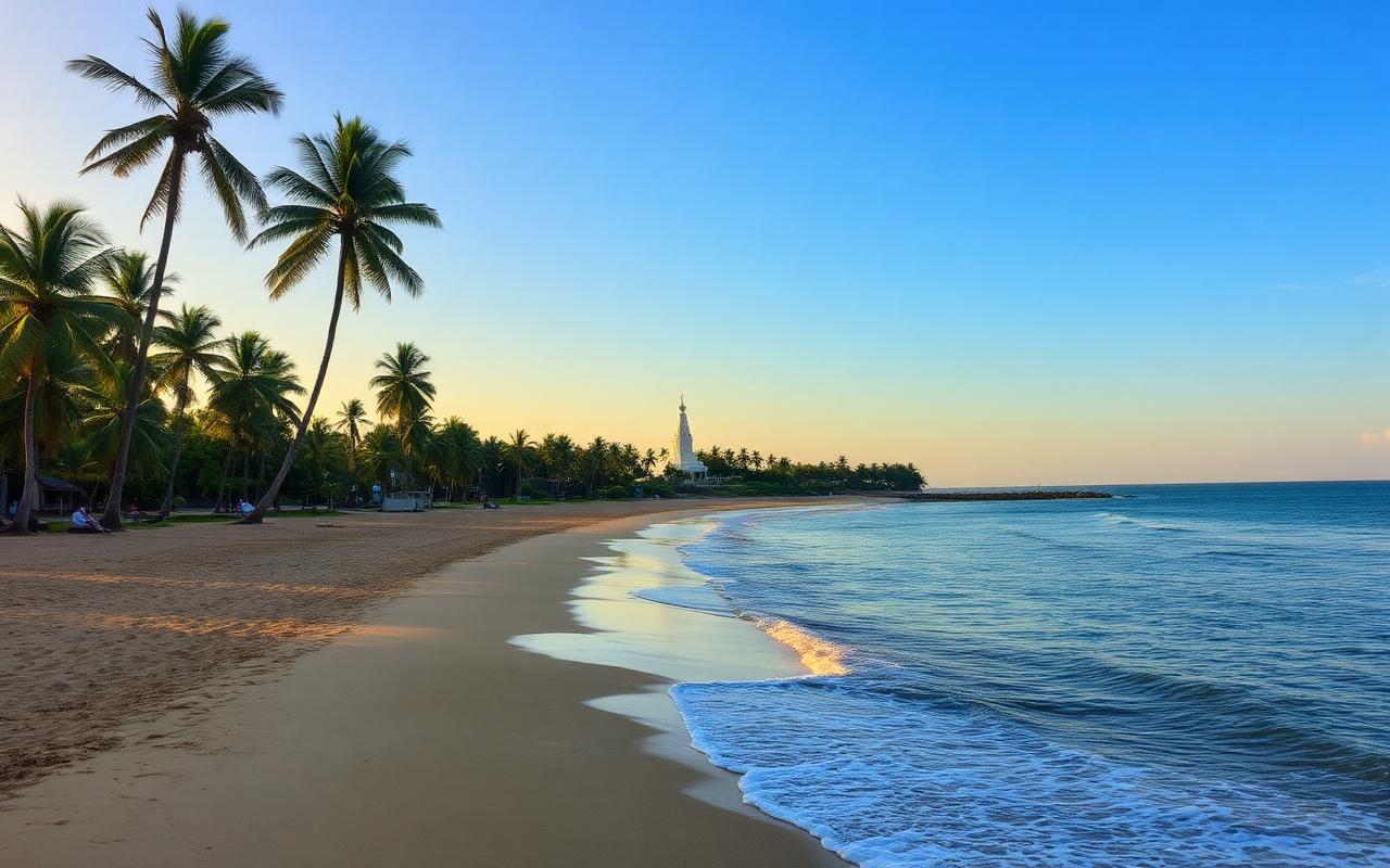 Kalutara west coast Sri Lanka south of Panadura with the long Kalutara beach, the white Kalutara Bodhi stupa in the distance over palm trees and calm Indian Ocean in warm late afternoon light