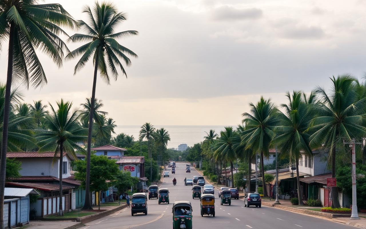 Moratuwa Sri Lanka suburban Colombo-side coastal town between Colombo and Panadura with palm trees, modest mid-rise buildings, Galle Road traffic and a glimpse of the Indian Ocean in soft afternoon light
