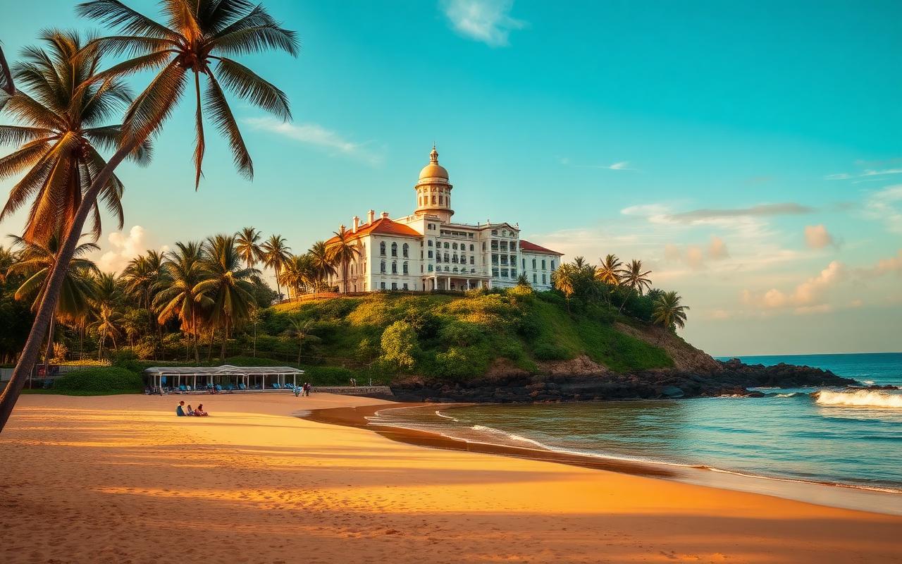 Mount Lavinia Sri Lanka north of Panadura with the historic white colonial-era hotel on a green headland above golden sandy beach, palm trees and calm Indian Ocean at sunset
