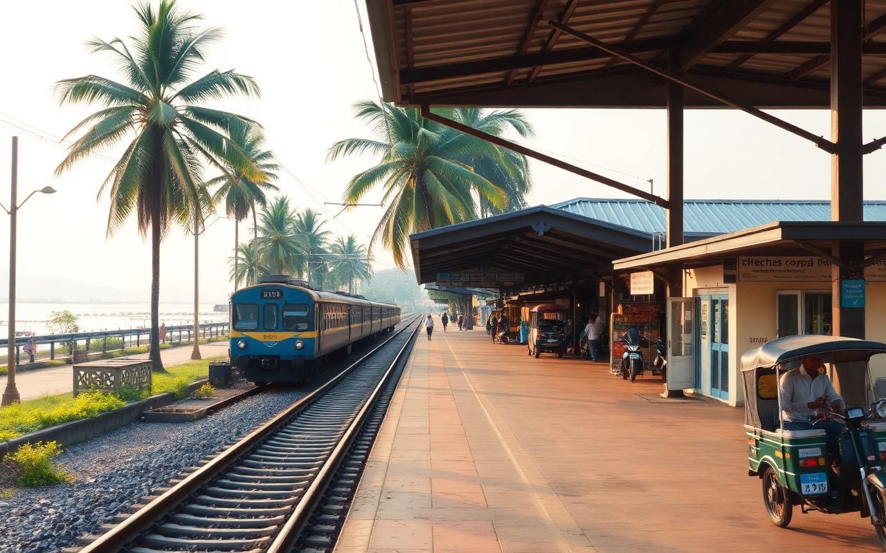 Panadura railway station area Sri Lanka with the local coastal railway line, palm trees beside the tracks, a Sri Lankan blue commuter train and small local shops nearby in soft daylight