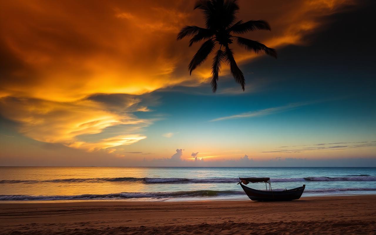 Panadura Sri Lanka dramatic sunset over the Indian Ocean with silhouetted coconut palms on the west coast beach, golden orange sky, calm sea and a small fishing boat on the sand