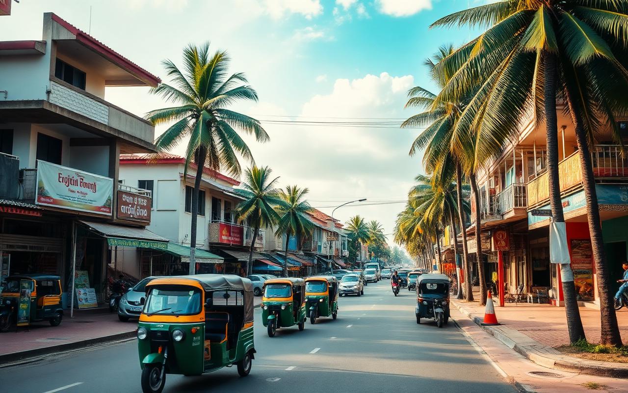 Panadura town centre Sri Lanka local west coast street with colorful shops, tuk-tuks, palm trees, low buildings and warm afternoon traffic showing practical residential atmosphere