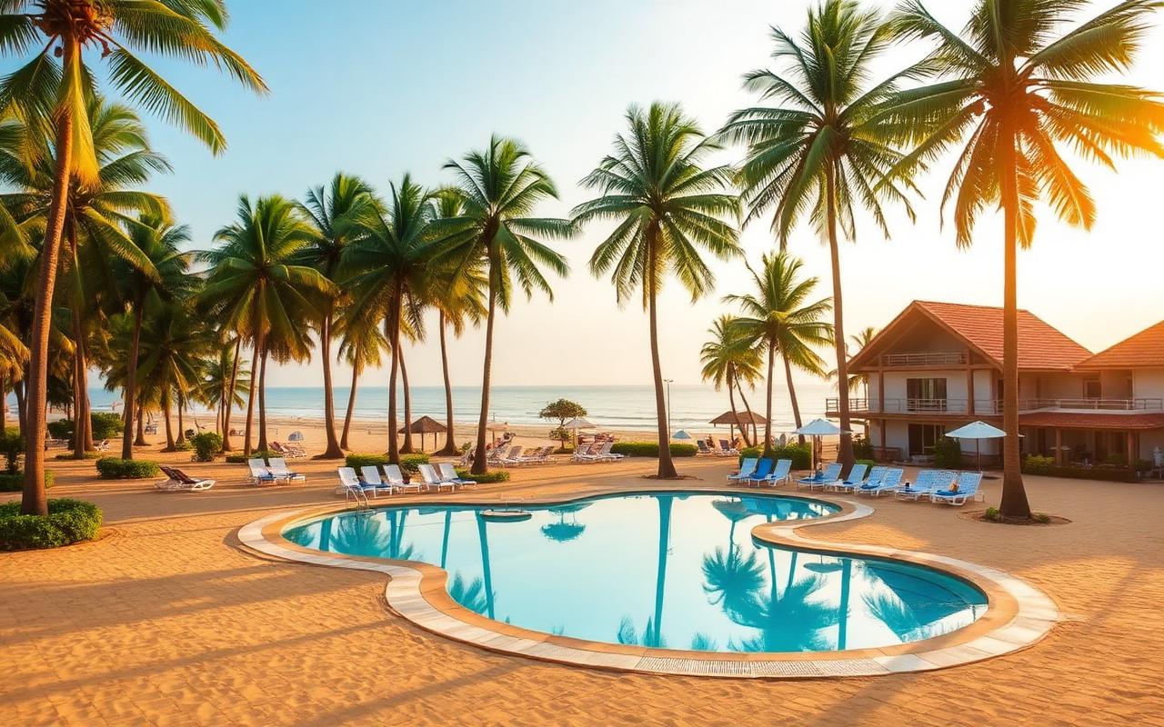 Wadduwa beach resort area south of Panadura Sri Lanka with long west coast golden beach, tall coconut palms and a low-rise family beach resort with a swimming pool behind palm trees in warm afternoon light