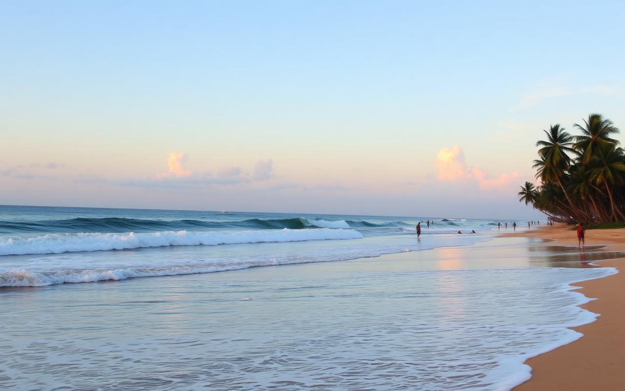 Arugam Bay Sri Lanka surf beach at sunrise with a point-break wave, surfers in distance and palm trees on the east coast